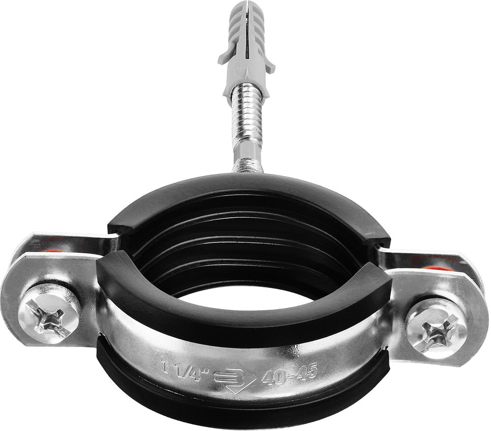 Хомут трубный с сантехнической шпилькой и дюбелем 1 1/4, цинк, 1 шт ЗУБР 37866-40-45