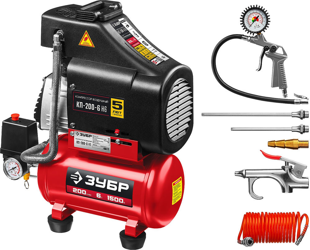 Компрессор безмасляный 200 л/мин, 6 л, 1500 Вт, 6 предметов ЗУБР КП-200-6 Н6