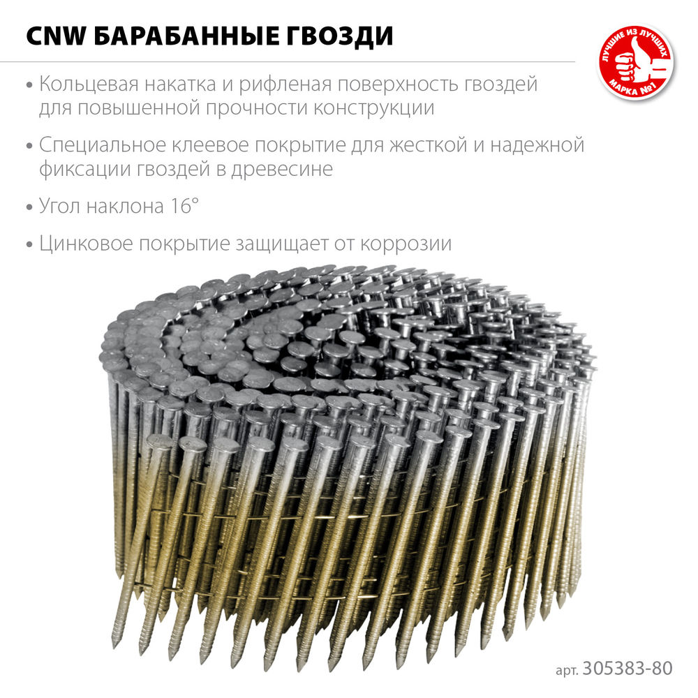 Гвозди барабанные CNW 80 x 3.1 мм, рифленые оцинкованные, 3600 шт ЗУБР 305383-80