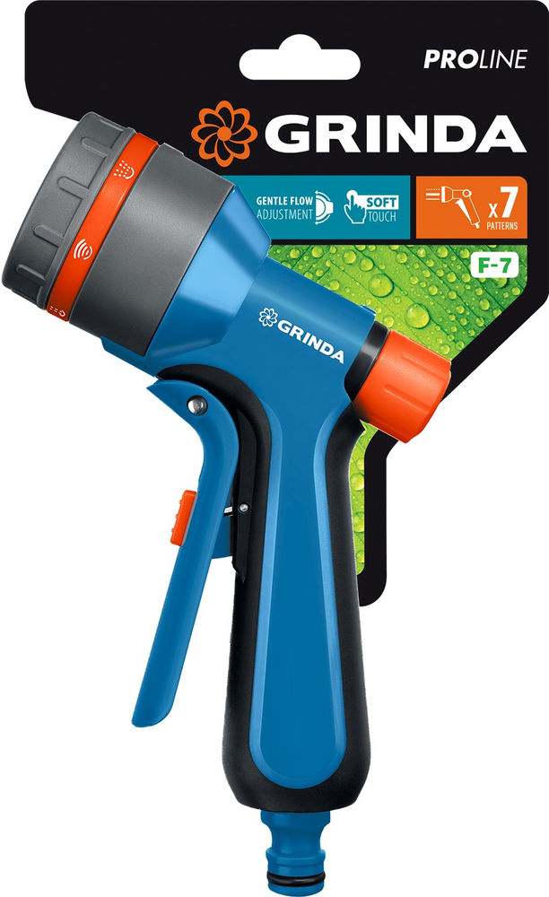 Поливочный пистолет F-7, 7 режимов, курок спереди, двухкомпонентный с регулятором напора, PROLine GRINDA 429120_z01
