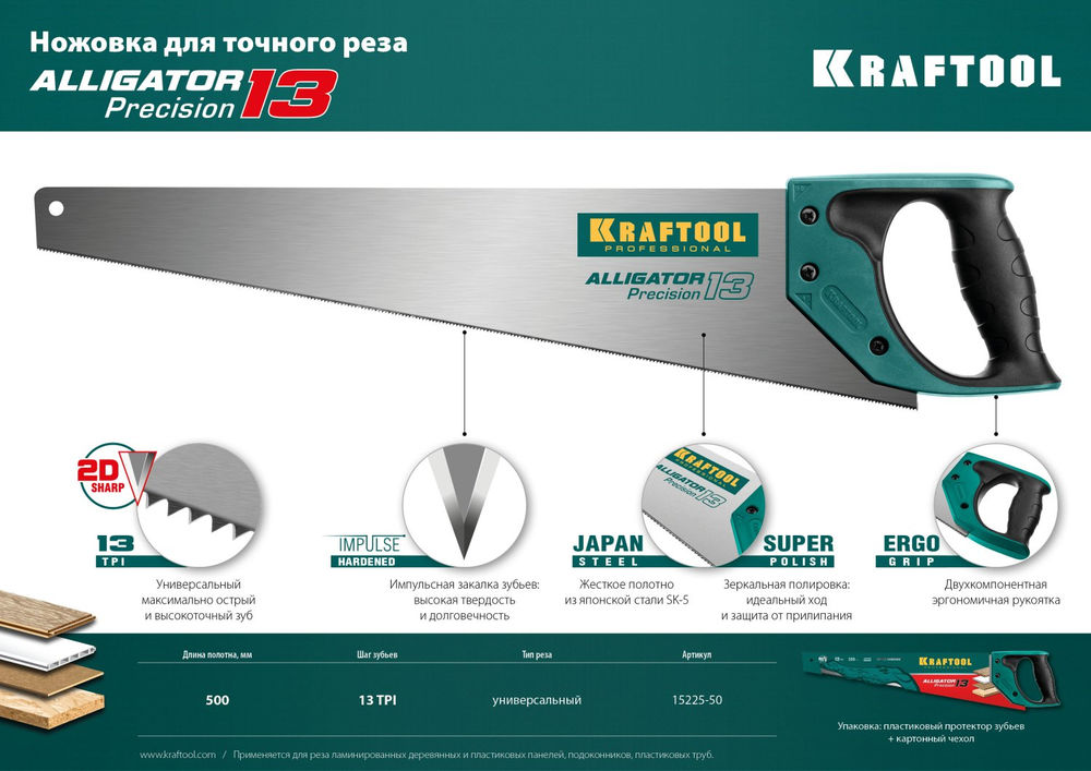 Ножовка для точного реза Alligator Precision 13, 500 мм KRAFTOOL 15225-50
