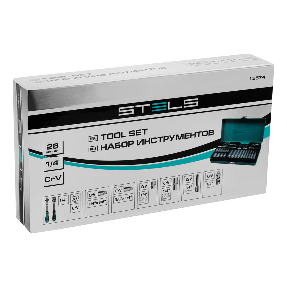 Набор торцевых головок с трещоткой, 1/4, 26 предметов Stels