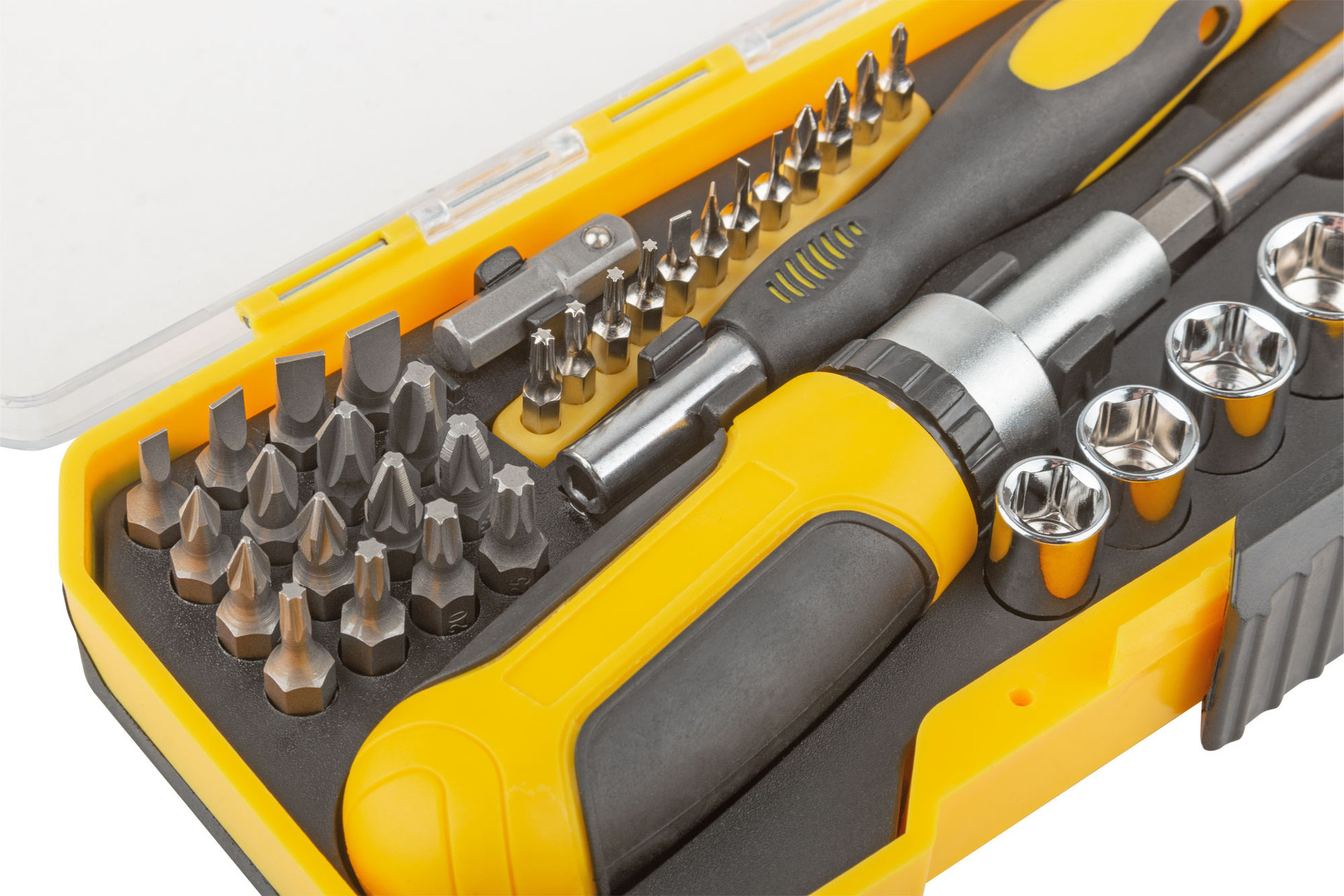 Отвертки реверсивная и для точных работ, набор 41 шт., пластиковый прорезиненный кейс (56385)