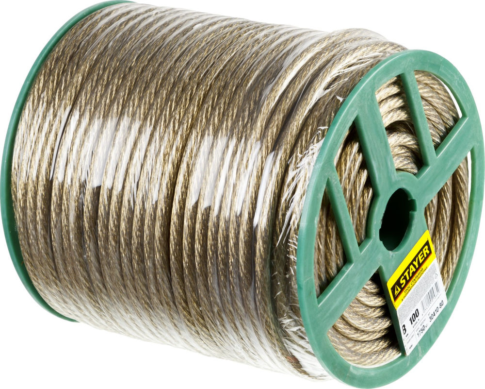 Трос стальной 8 мм, L 100 м, в полимерной оболочке STAYER 30410-80