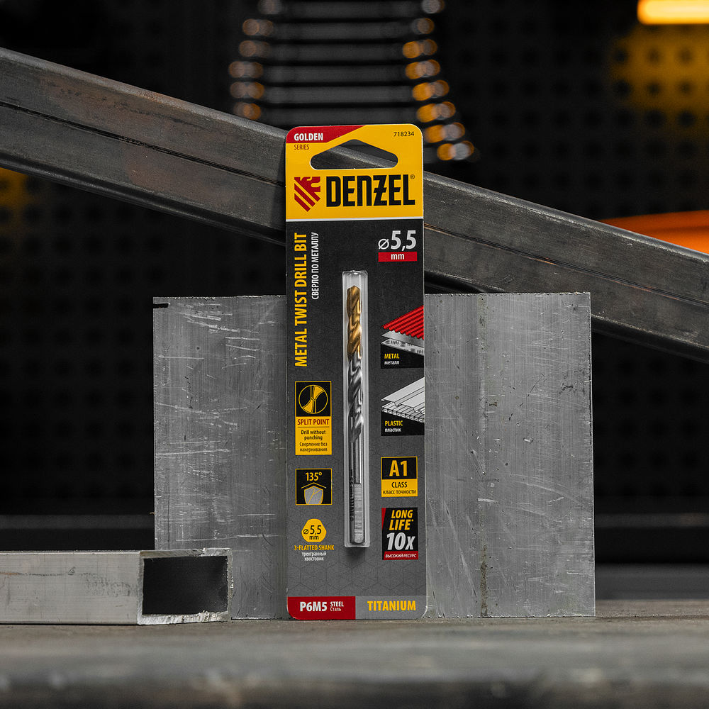 Сверло спиральное по металлу 5,5 x 93 мм, Р6М5, Golden Tip Denzel (718234)