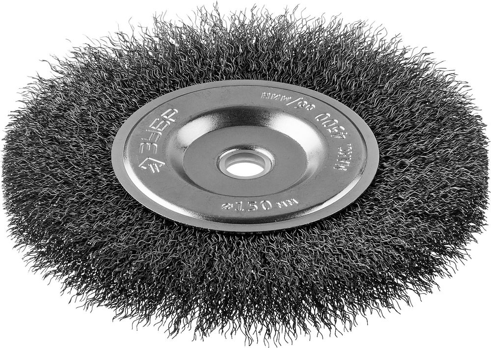 Щетка-крацовка дисковая для точильно-шлифовального станка 150?12.7 мм витая стальная проволока 0.3 мм ЗУБР Профессионал 35185-150_z02