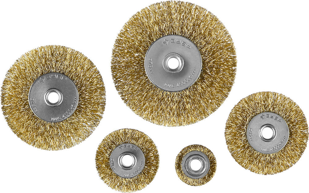 Набор дисковых щёток-крацовок для дрели 5 шт, 25/40/55/63/78 мм, витая латунированная стальная проволока ЗУБР Профессионал 3521-H5_z02