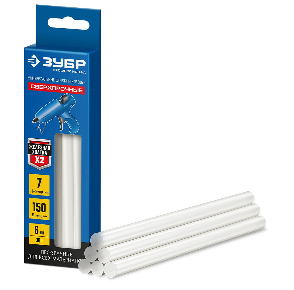 Стержни клеевые сверхпрочные прозрачные 7 х 150 мм, 6 шт ЗУБР Профессионал 06855-6