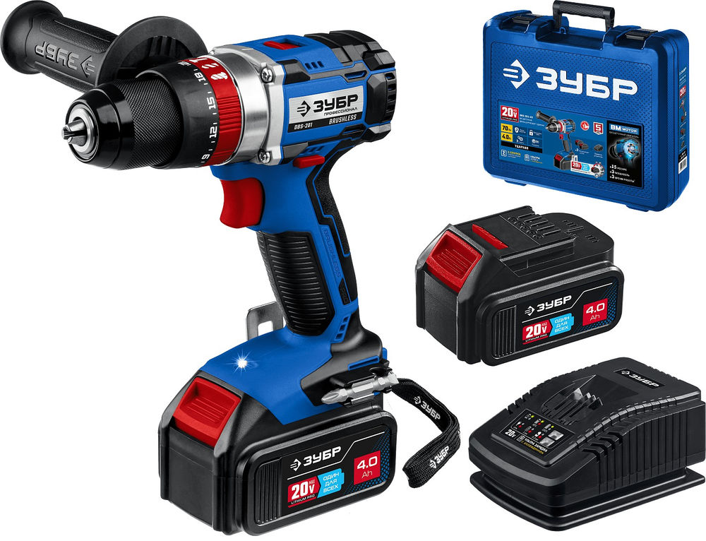 Бесщеточная ударная дрель-шуруповерт 20 В 70 Н·м 2 АКБ 4 А·ч кейс Профессионал ЗУБР Т7 DBS-201-42