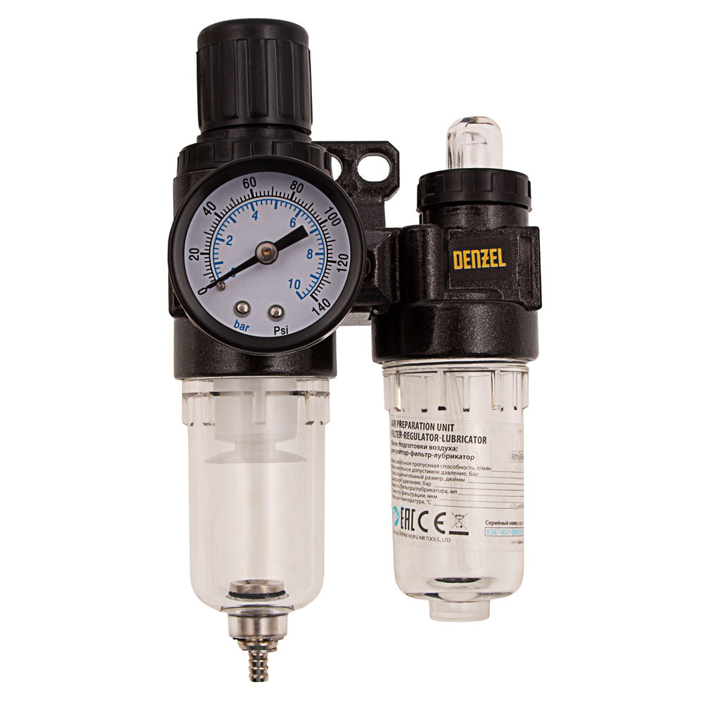 Блок подготовки воздуха регулятор-фильтр-лубрикатор FLR1500, 10 бар, 1500 л/мин, 1/4 Denzel (57469)
