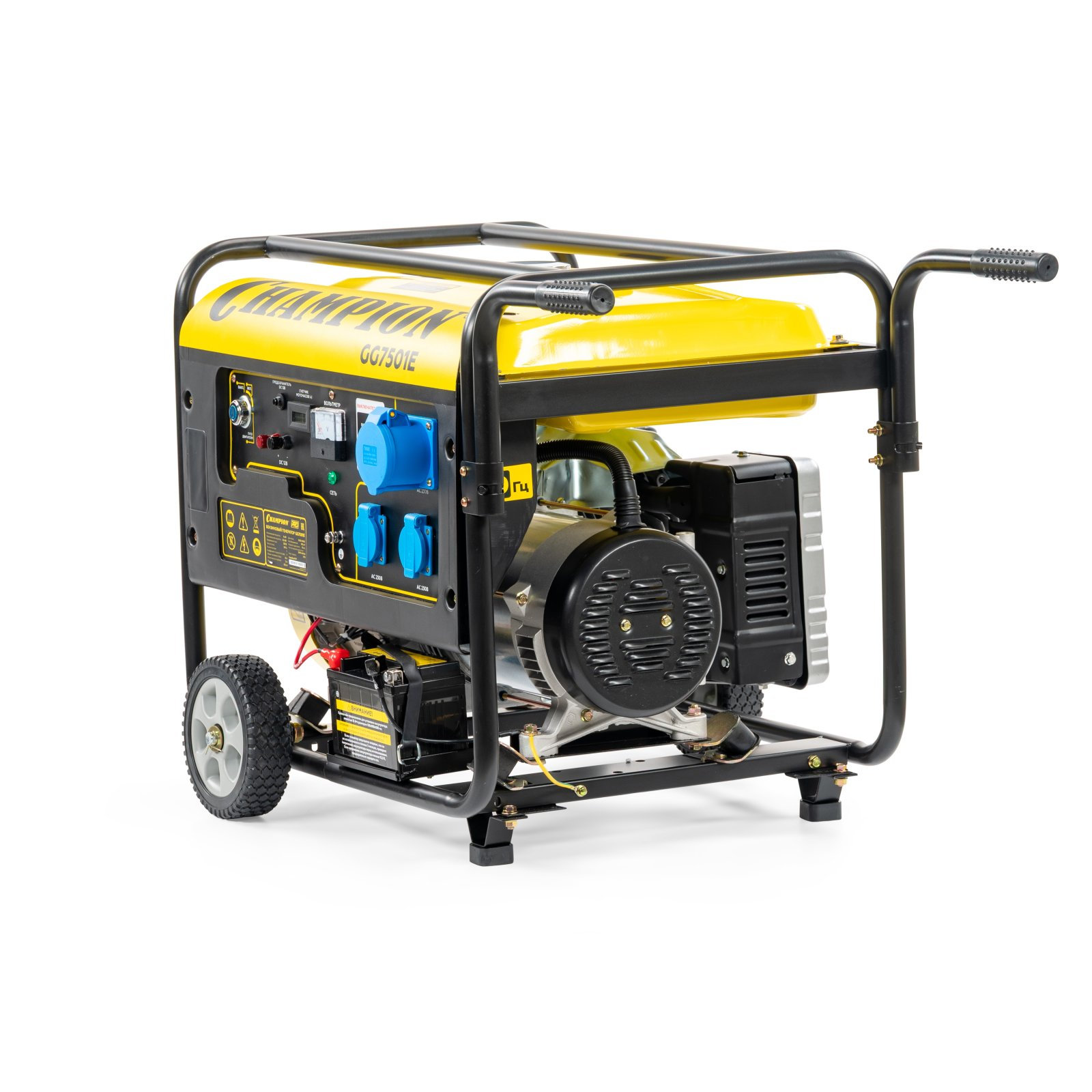 Генератор CHAMPION GG7501E (PRO 6/6,5кВт 15лс 25л 12В 83,3кг, эл.стартер, счетчик, колеса) (GG7501E)