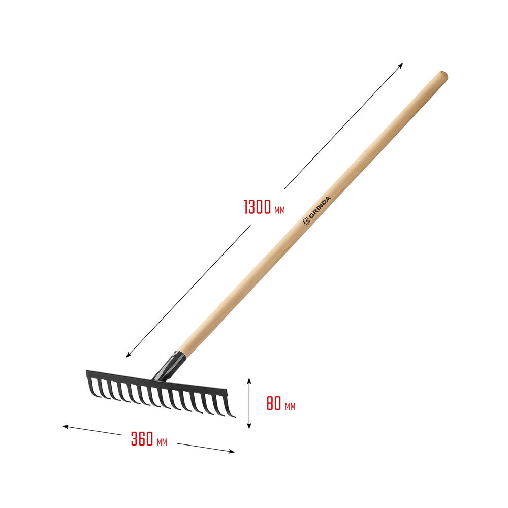 Садовые грабли GT-14 WOOD, 360 х 80 х 1300 мм, 14 прямых зубцов, углерод. сталь, антикор. покрытие, черенок дерев. высш. сорт GRINDA 39583-14