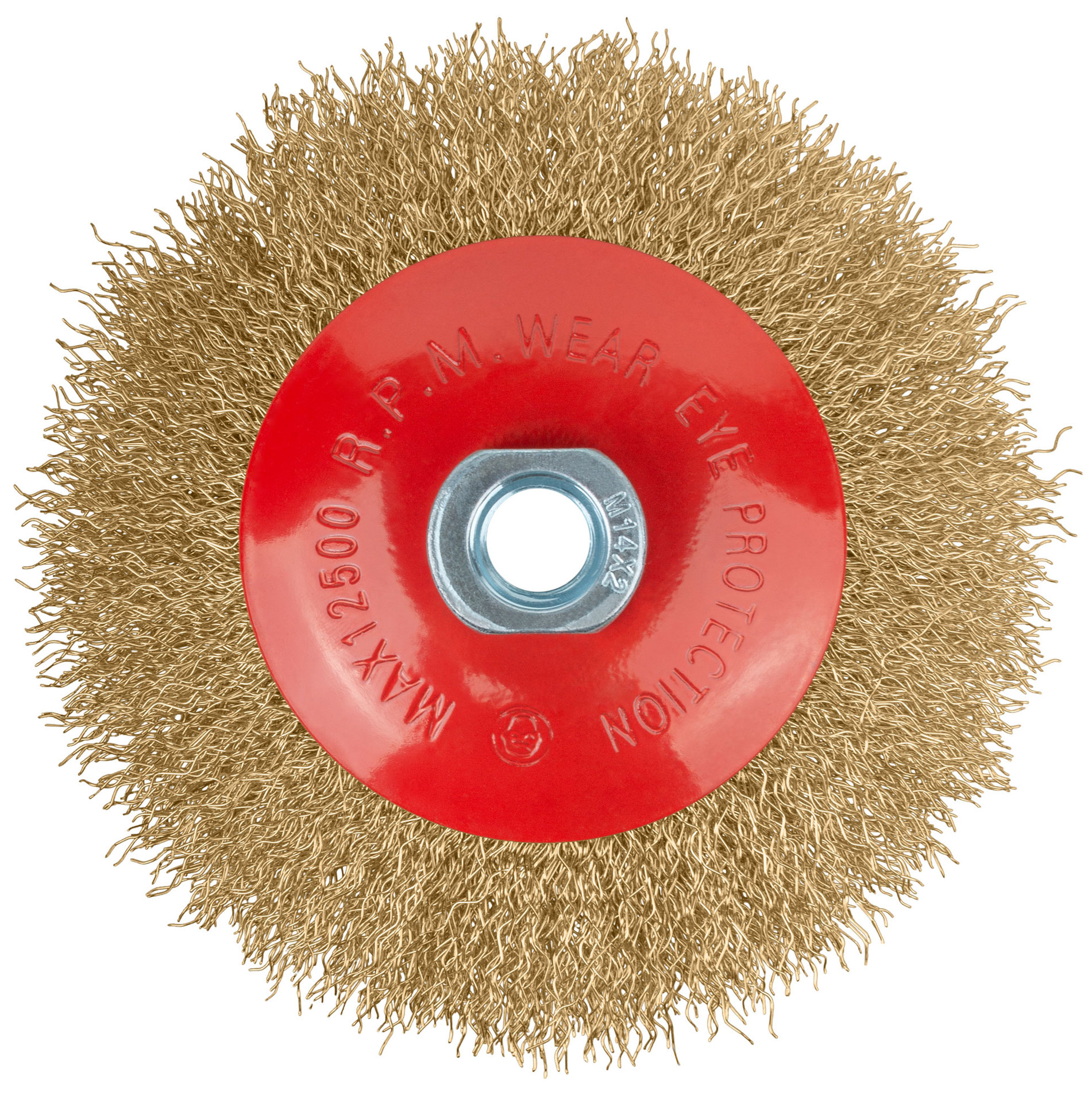 Корщетка-колесо с наклоном, гайка М14, стальная латунированная волнистая проволока 125 мм (39052)