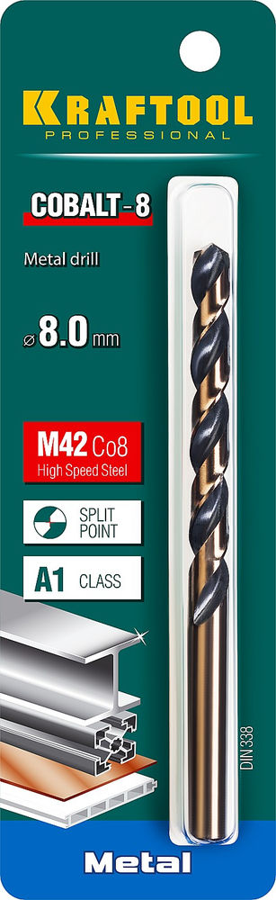 Сверло по металлу 8.0 х 117 мм сталь М42, HSS-Co(8%) COBALT-8 KRAFTOOL 29656-8