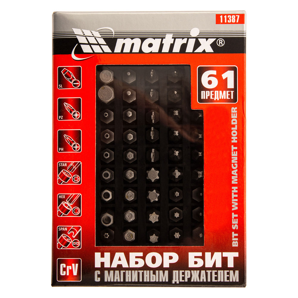 Набор бит с магнитным держателем, CrV, 61 шт. Matrix (11387)