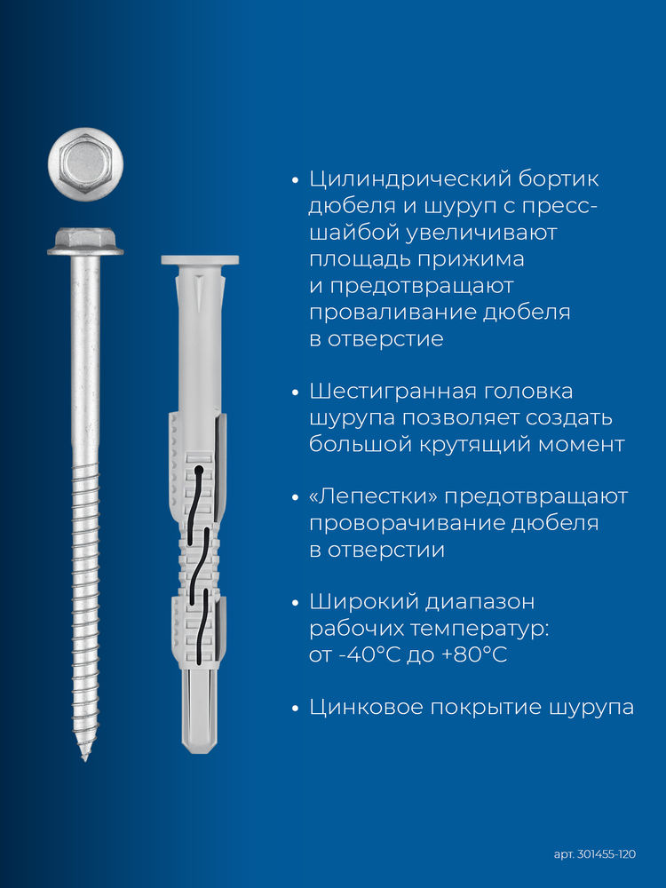 Дюбель фасадный ФД-Ц 10 x 120 мм, нейлон/цинк, 50 шт ЗУБР 301455-120