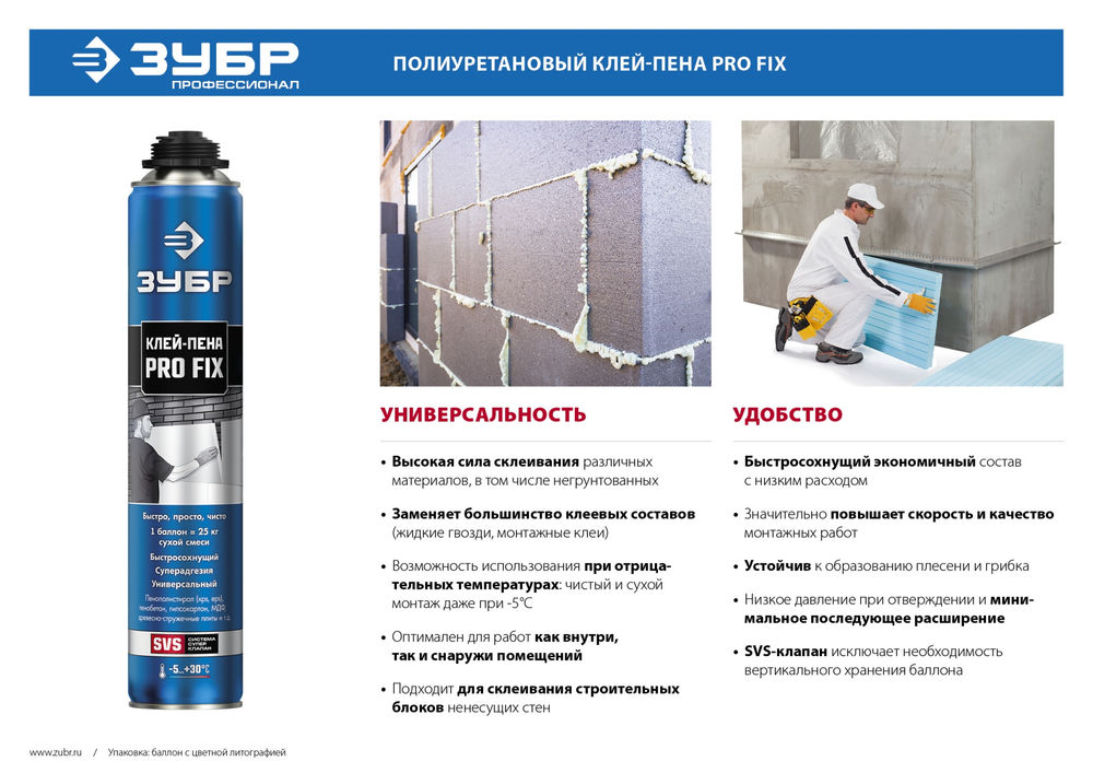Клей-пена PRO FIX, 750 мл, пистолетный, универсальный ЗУБР Профессионал 41150