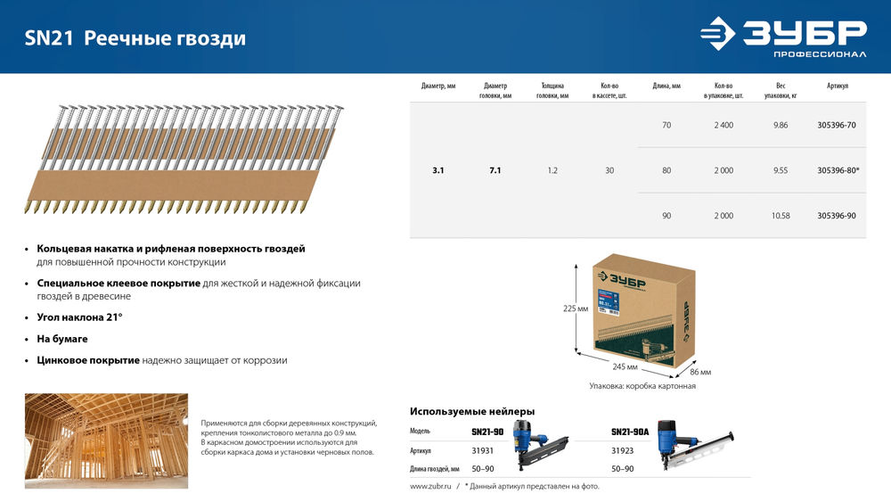 Гвозди реечные рифленые оцинкованные SN21 70 x 3.1 мм, 2400 шт ЗУБР 305396-70