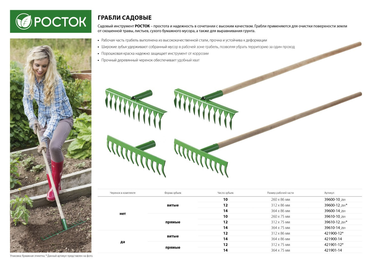 Грабли РОСТОК 430 x 100 x 1500 мм, 14 витых зубьев, сталь, покрытие краска, деревянный черенок высший сорт 421900-14