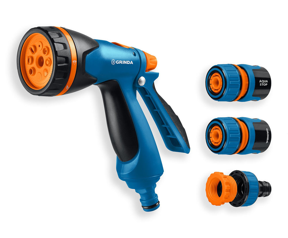 Набор поливочный B-812, пистолет поливочный B-8, коннектор 1/2, конектор 1/2 с автостопом, адаптер с внутр. резьбой 1/2 х 3/4, PROLine GRINDA 429114