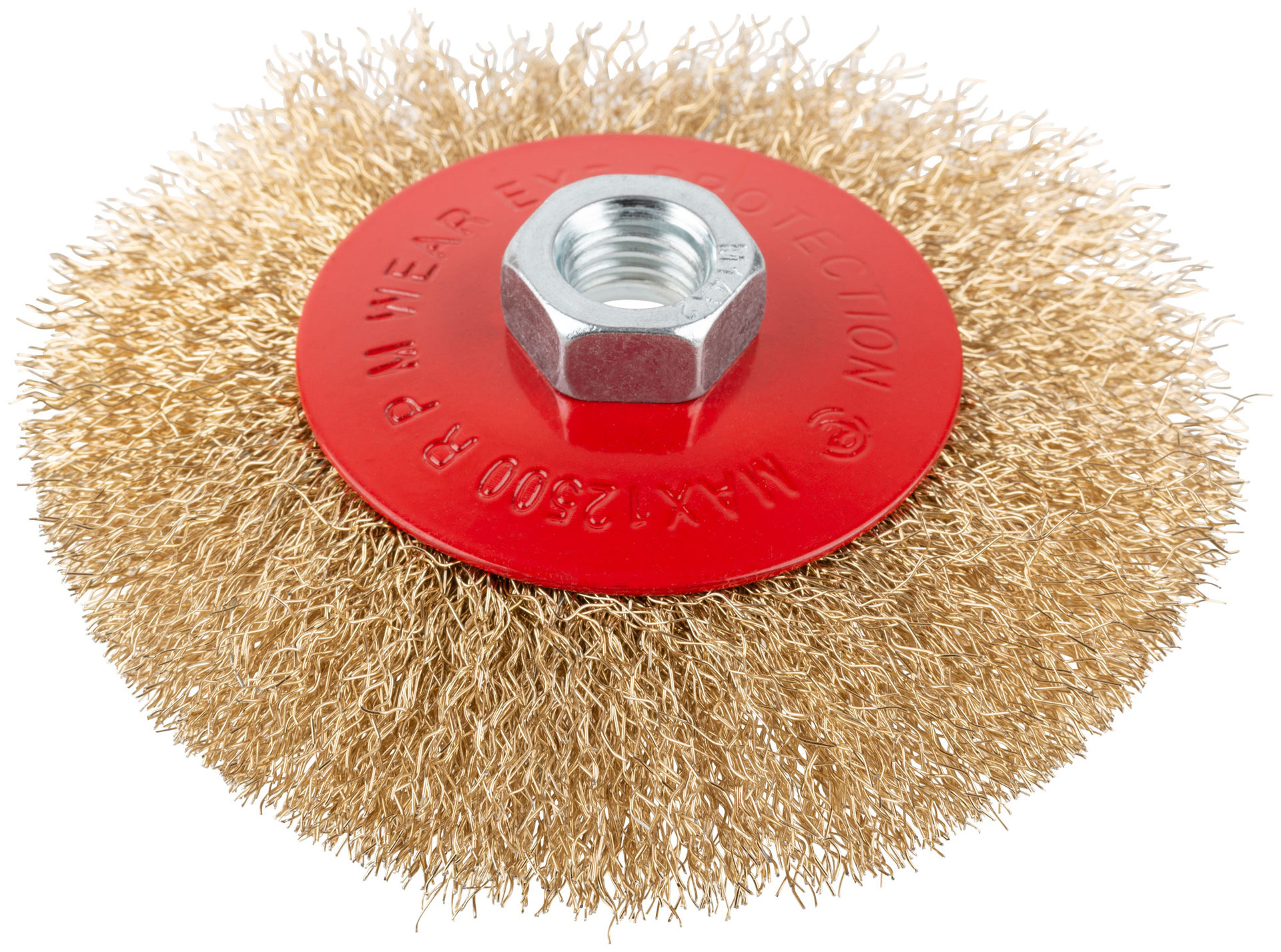 Корщетка-колесо с наклоном, гайка М14, стальная латунированная волнистая проволока 115 мм, блистер (39084)