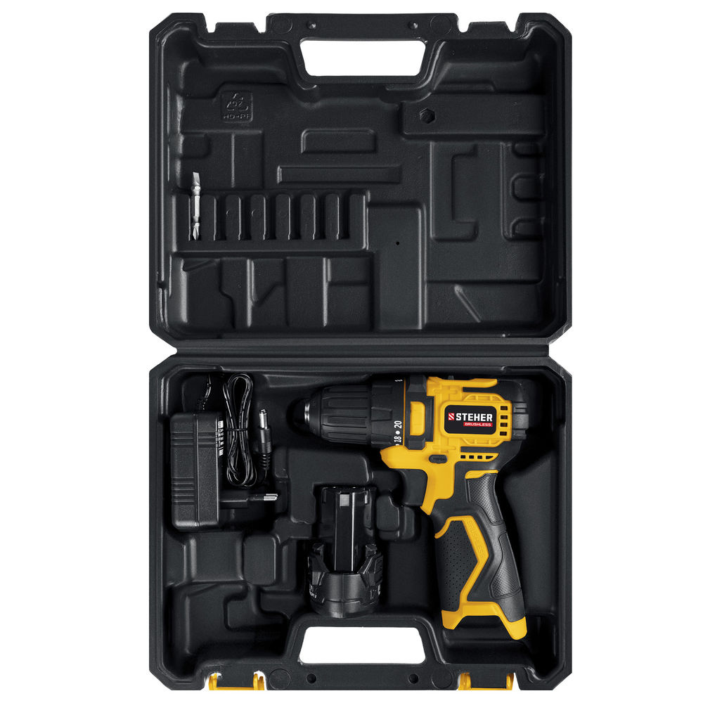 Дрель-шуруповерт бесщеточная 12 В, 35 Н·м, 2 АКБ (2 А·ч), кейс STEHER CDB-120-2