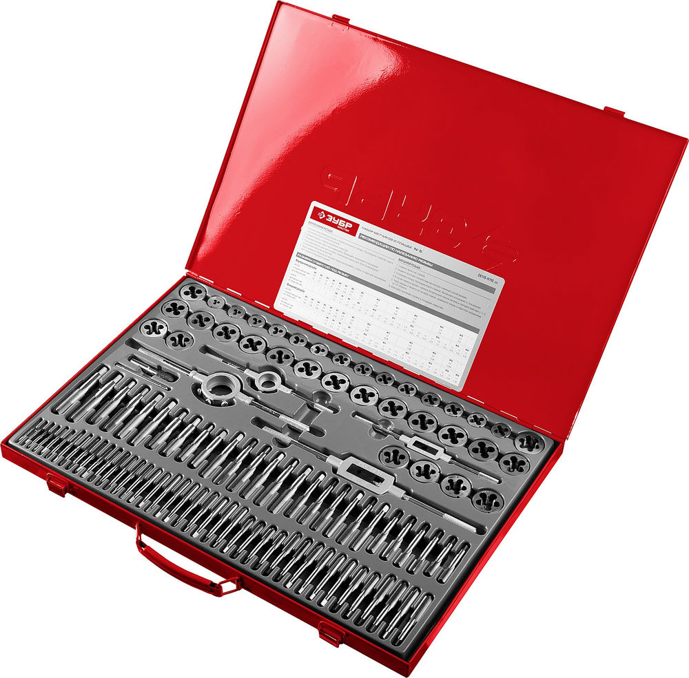 Набор метчиков и плашек 110 предм. сталь 9ХС ЗУБР 28119-H110