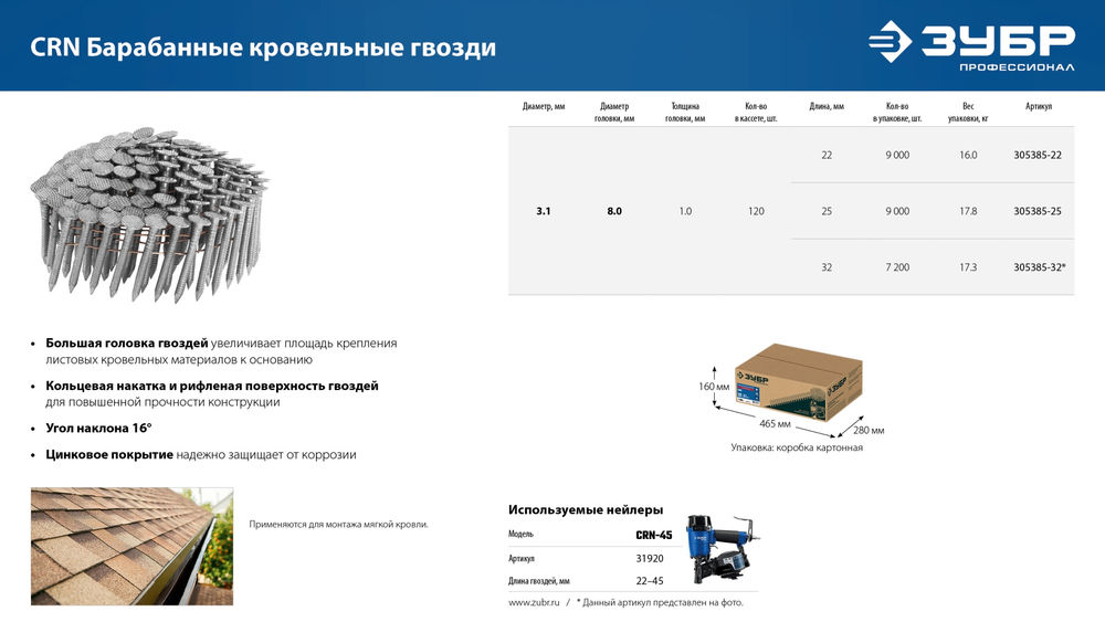 Гвозди кровельные барабанные CRN 32 x 3.1 мм, оцинкованные, 7200 шт ЗУБР 305385-32