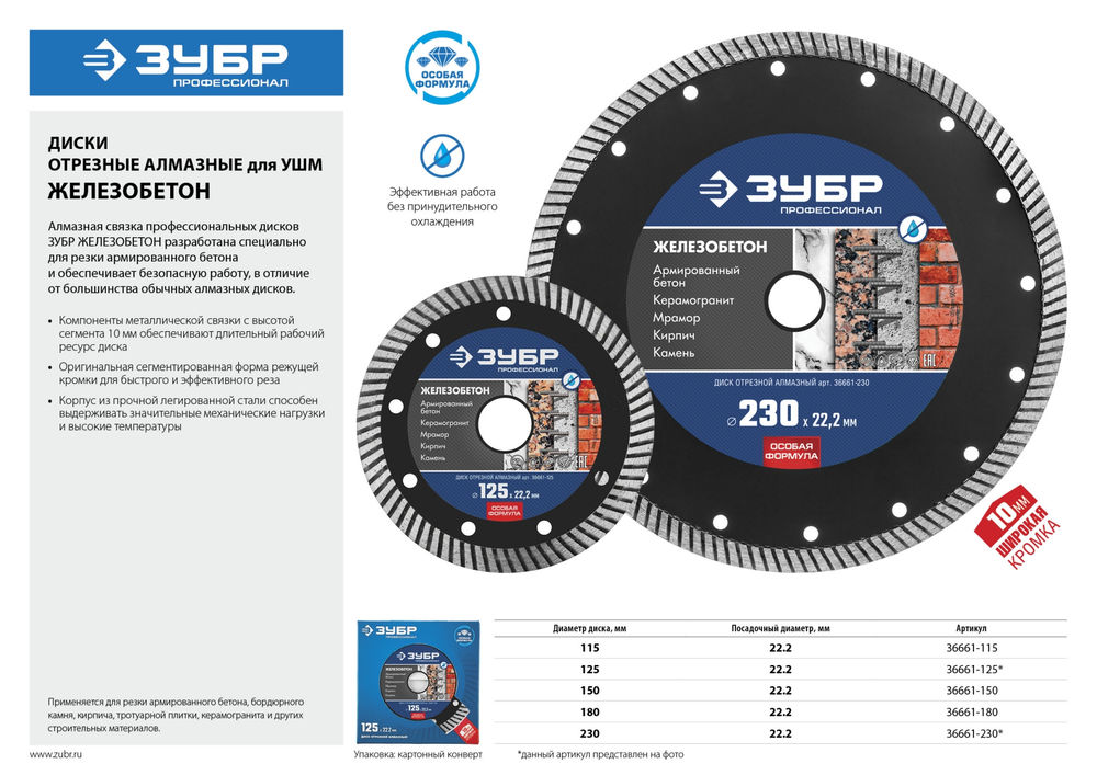 Диск алмазный сегментированный по железобетону 115 мм, 22.2 мм, 10 x 2.4 мм ЗУБР Железобетон Профессионал 36661-115