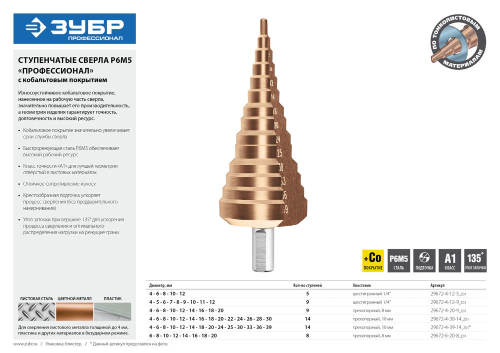 Ступенчатое сверло 4-12 мм, 9 ступеней, сталь Р6М5, кобальтовое покрытие Кобальт ЗУБР Профессионал 29672-4-12-9_z01