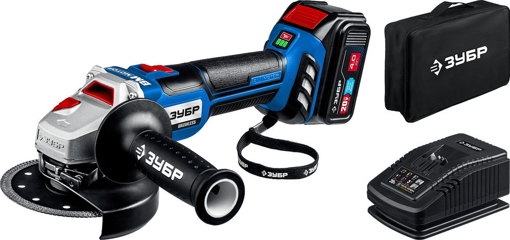 Бесщеточная УШМ 20 В 125 мм 1 АКБ 4 А·ч сумка Профессионал ЗУБР Т7 AB-125-41