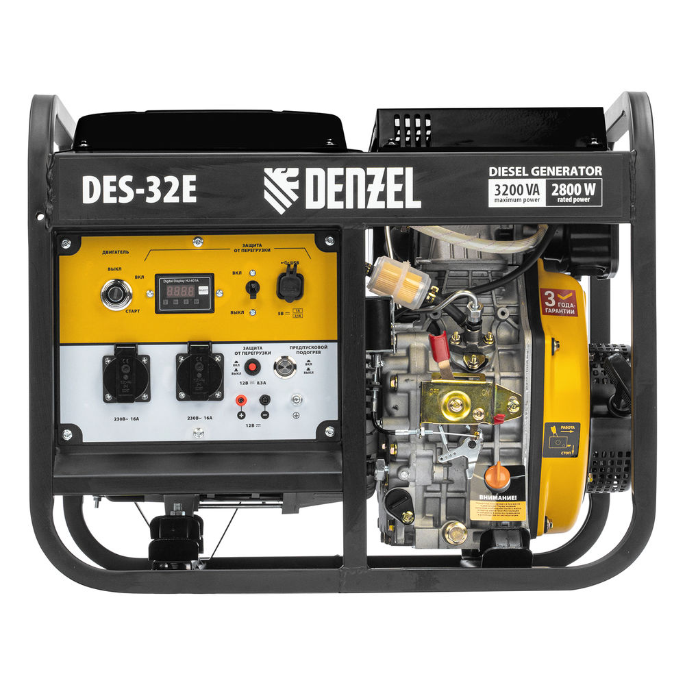 Генератор дизельный DES-32E, 3,2 кВт, 230 В, 11 л, электростартер Denzel (94412)