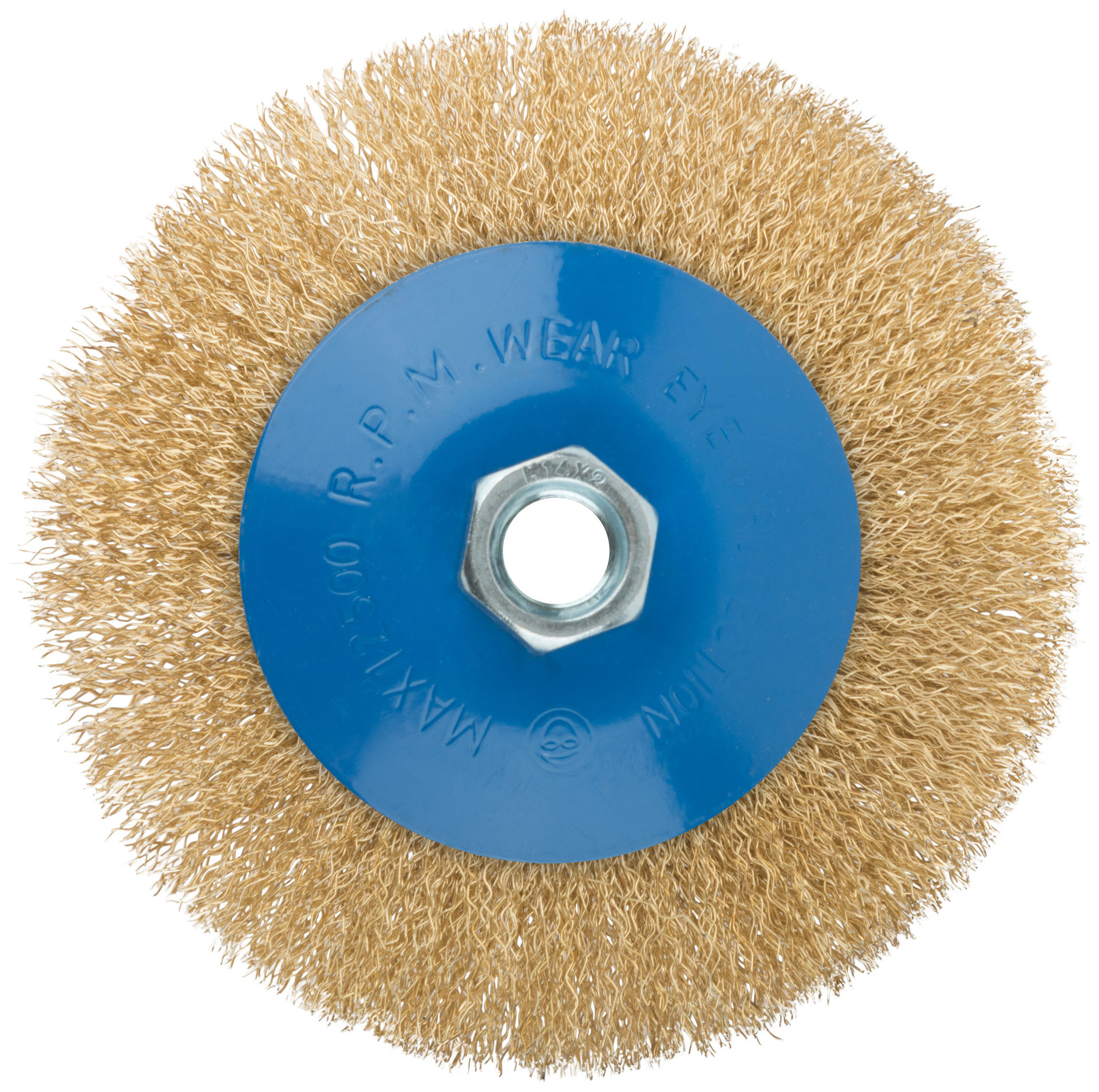 Корщетка, тип колесо с наклоном, гайка М14, стальная волнистая латунированная проволока 125 мм (38928М)