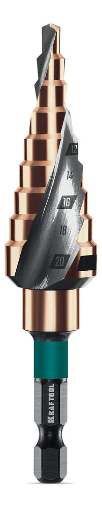 Сверло ступенчатое COBALT, 4–20 мм, 9 ступеней, азотирование, винтовая спираль KRAFTOOL 29691-4-20-9