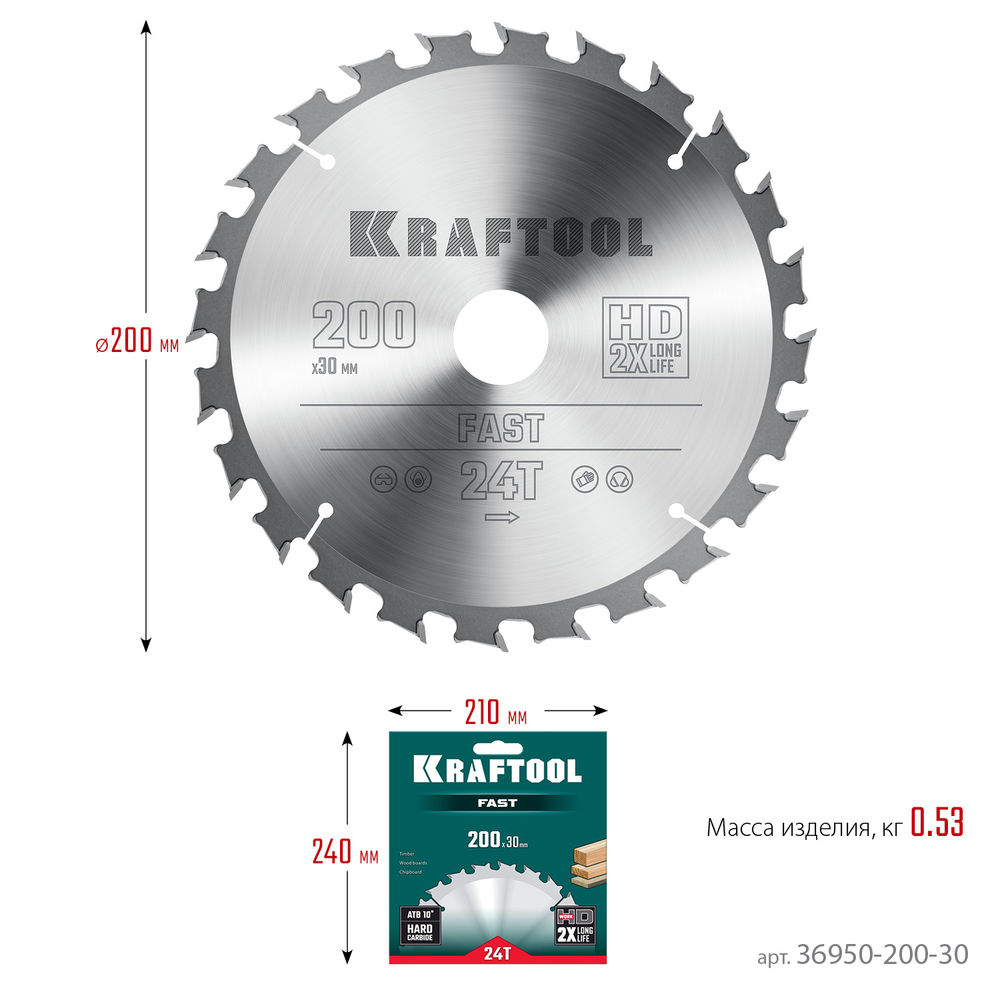 Пильный диск по дереву Fast, 200 х 30 мм, 24Т KRAFTOOL 36950-200-30