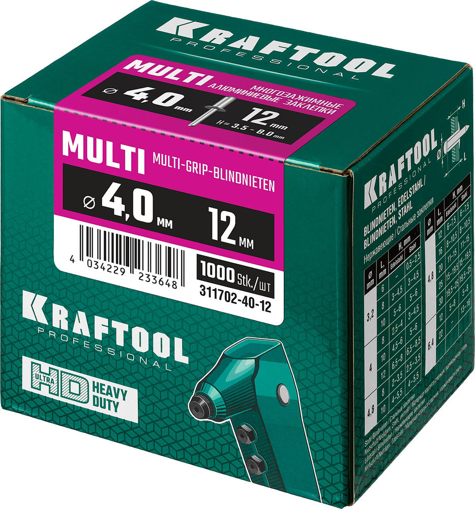 Многозажимные алюминиевые заклепки Multi (Al5052), 4.0 x 12 мм, 1000 шт KRAFTOOL 311702-40-12
