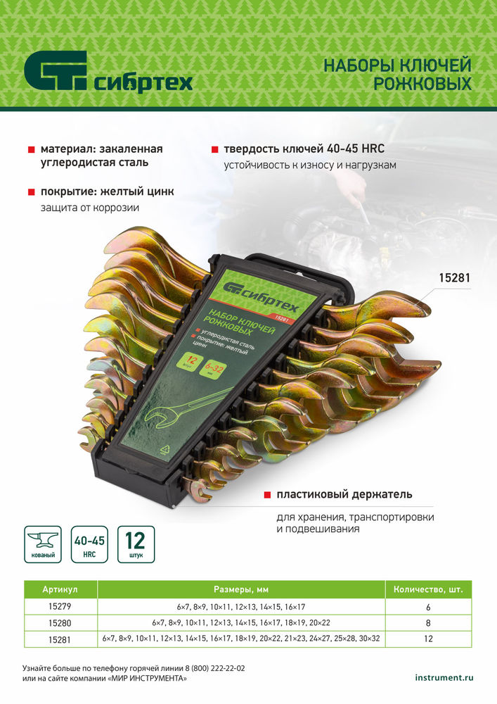 Набор ключей рожковых 6-22 мм, 8 шт, желтый цинк Сибртех (15280)