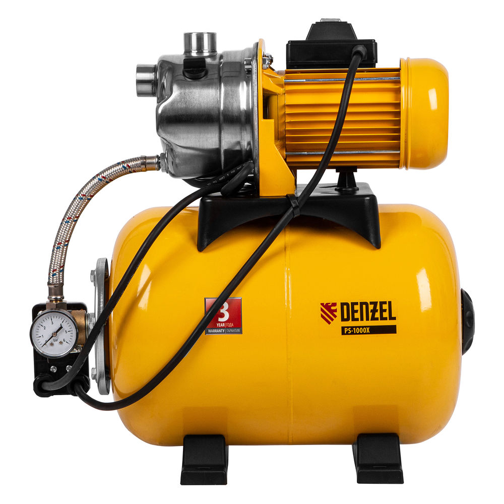 Насосная станция PS1000Х, 1000 Вт, 3500 л/ч, ресивер 24 л, подъем 44 м, нержавейка Denzel (97211)