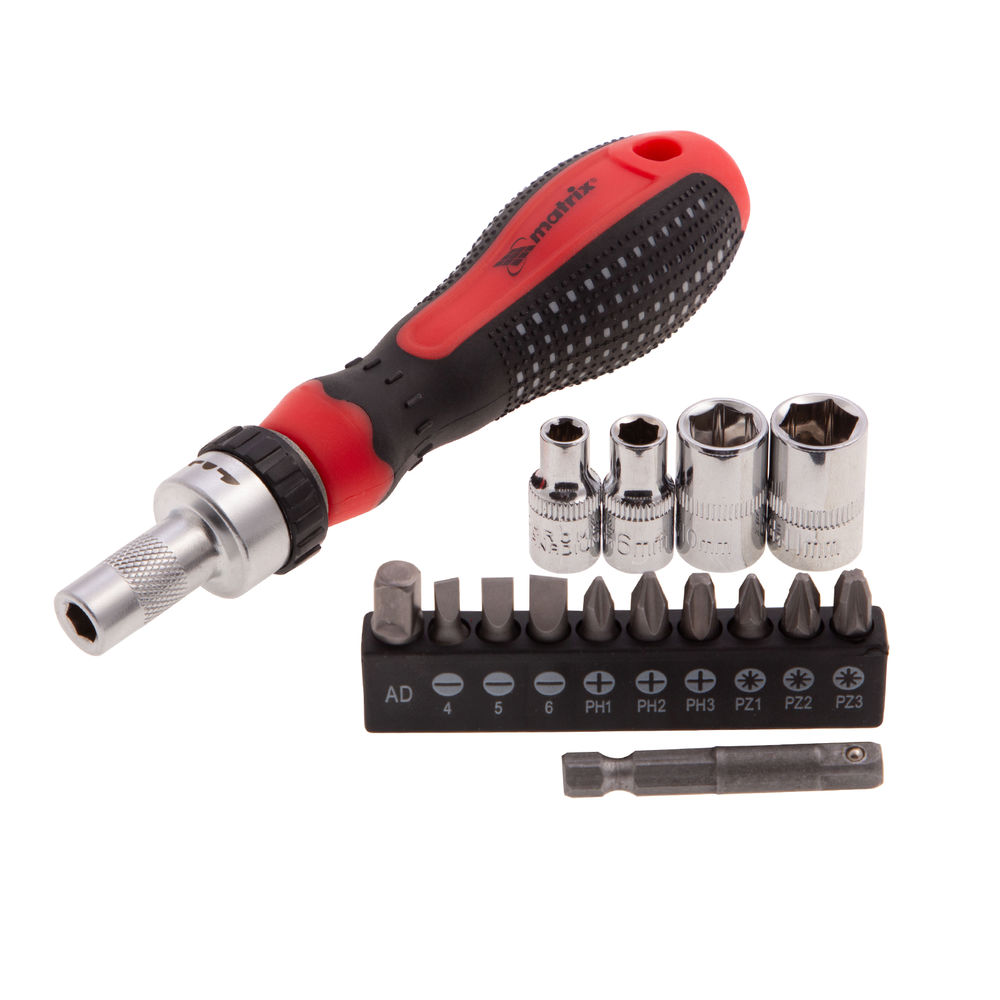 Отвертка реверсивная с набором бит и насадок торцевых, CrV, 1/4, 16 шт Matrix (11332)