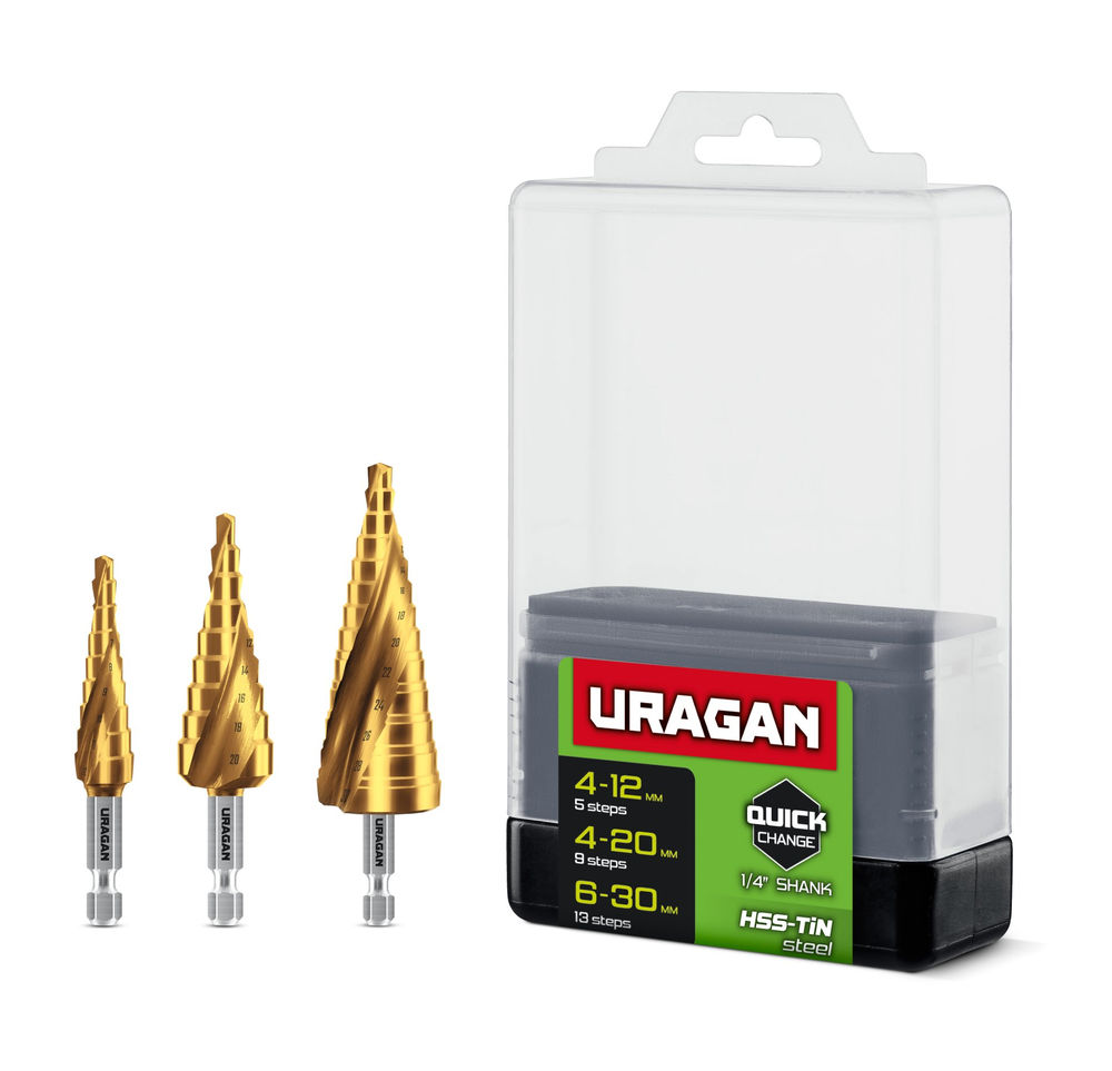 Сверла ступенчатые набор винтовая спираль URAGAN 3 шт 4-30мм 29658-4-30-H3  