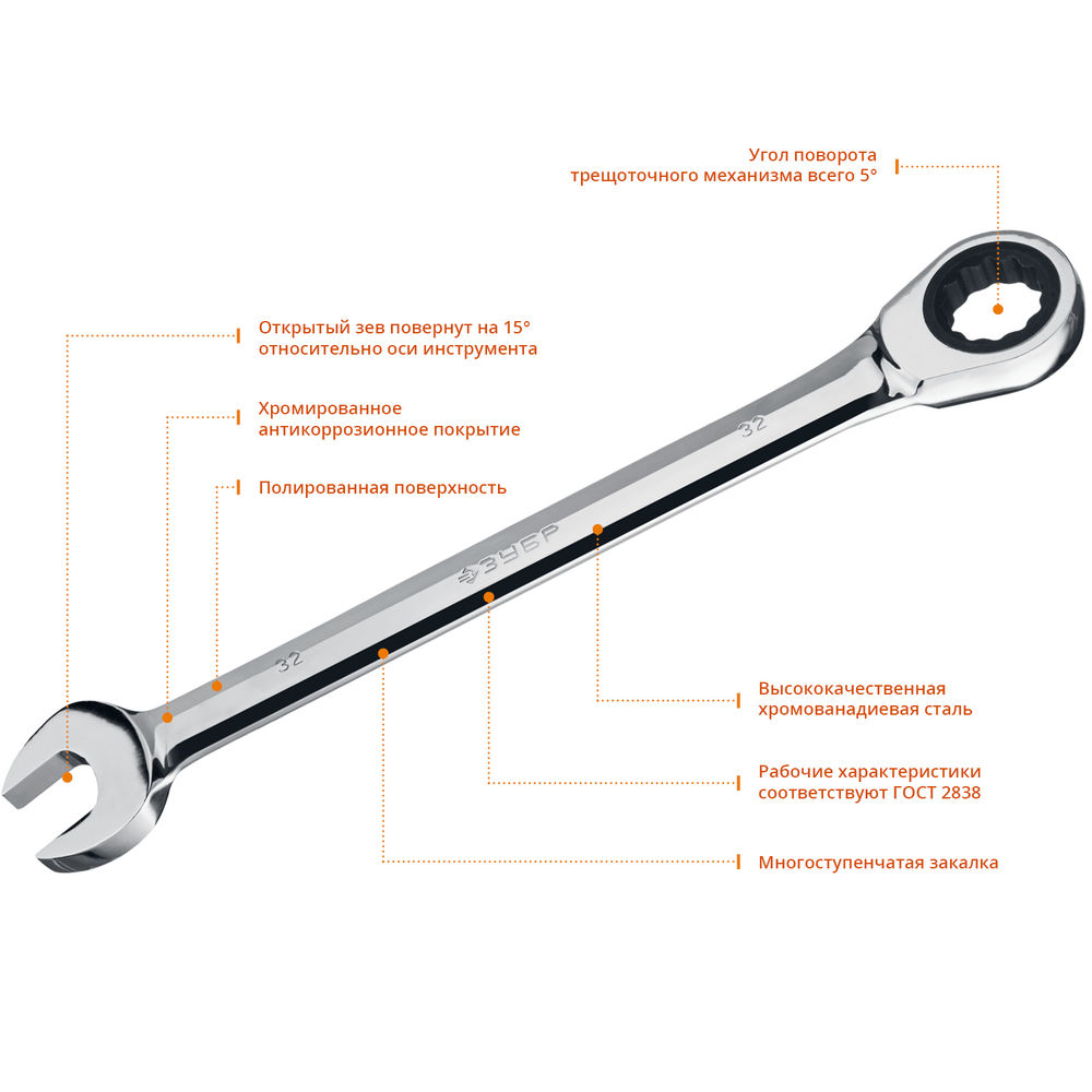 Ключ гаечный комбинированный трещоточный 32 мм Профессионал ЗУБР 27074-32