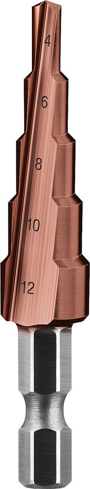 Ступенчатое сверло 4-12 мм, 5 ступеней, сталь Р6М5, кобальтовое покрытие Кобальт ЗУБР Профессионал 29672-4-12-5_z01