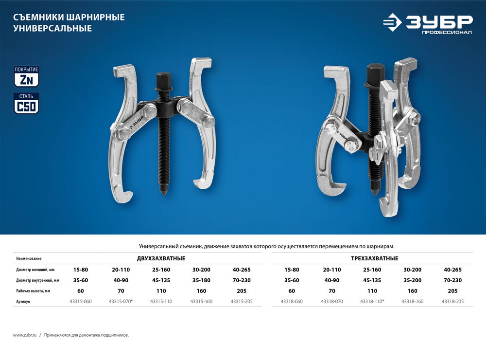 Съемник внешний d 20 - 110 мм внутренний d 40 - 90 мм шарнирный двухзахватный Профессионал ЗУБР 43315-070