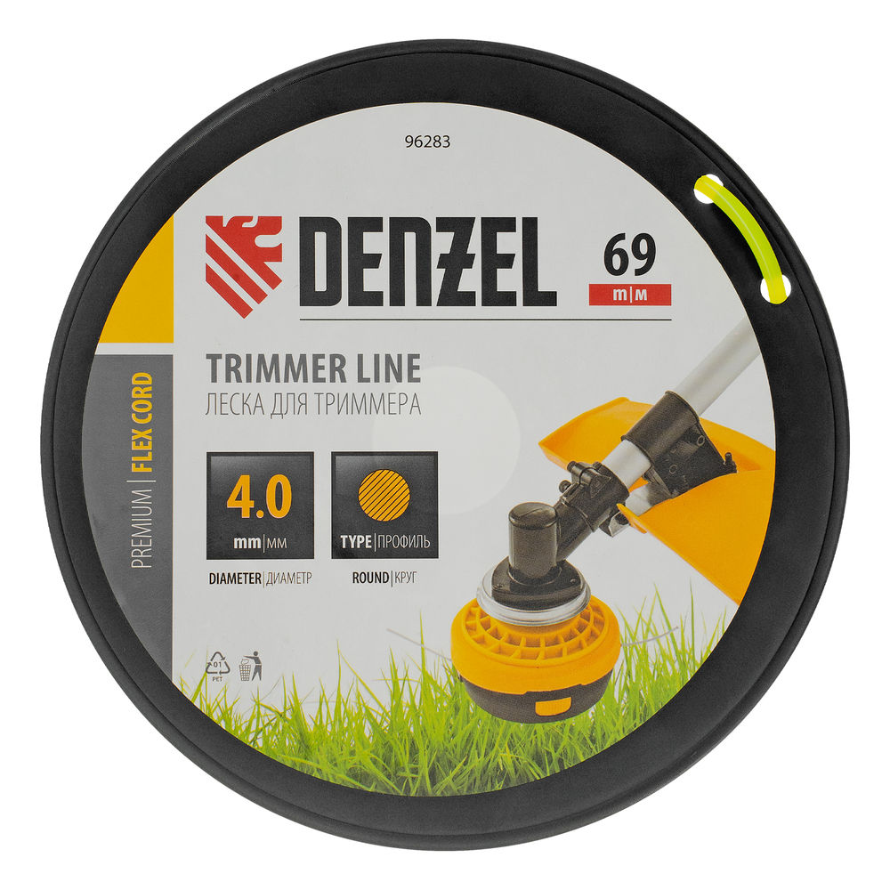 Леска для триммера круглая, 4,0мм х 69м, на DIN катушке FLEX CORD, Denzel (96283)