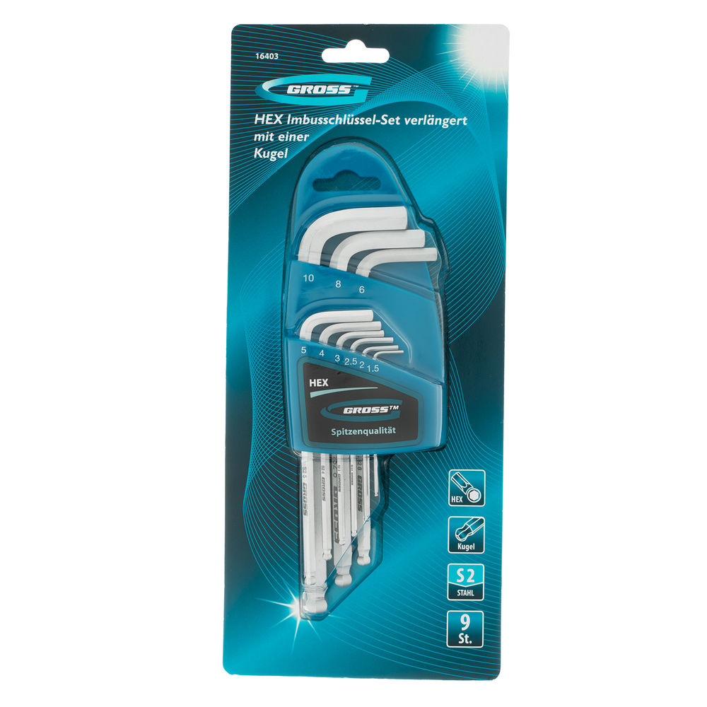 Набор ключей имбусовых HEX, 1.5-10 мм, S2, 9 шт, удлиненные с шаром, сатинированные Gross (16403)