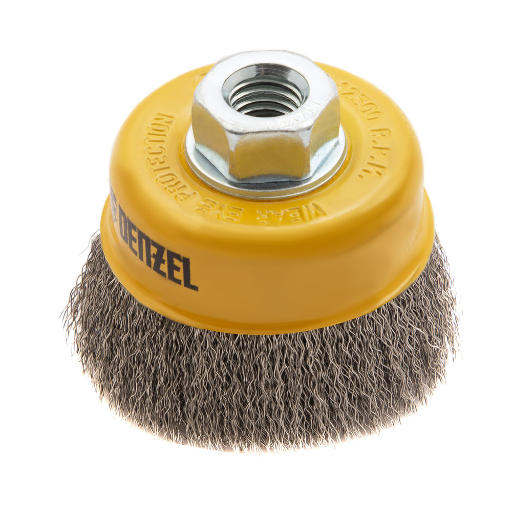 Щетка для УШМ, 75 мм, Чашка, витая нержавеющая проволока 0.3 мм, М14 Denzel (746043)