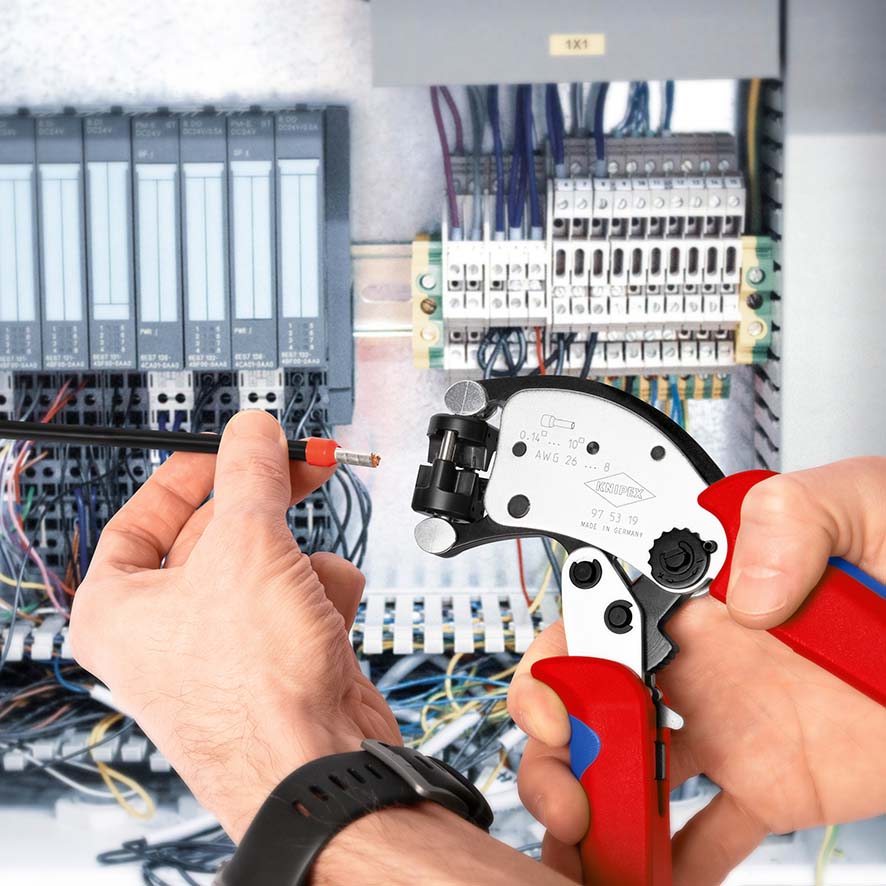 Пресс-клещи для контактных гильз DIN 46228 1+4, обжим: трапециевидный, поворот 360°, 0.14-10.0 мм?, доступ с 2х сторон, длина 200 мм Twistor T KN-975319