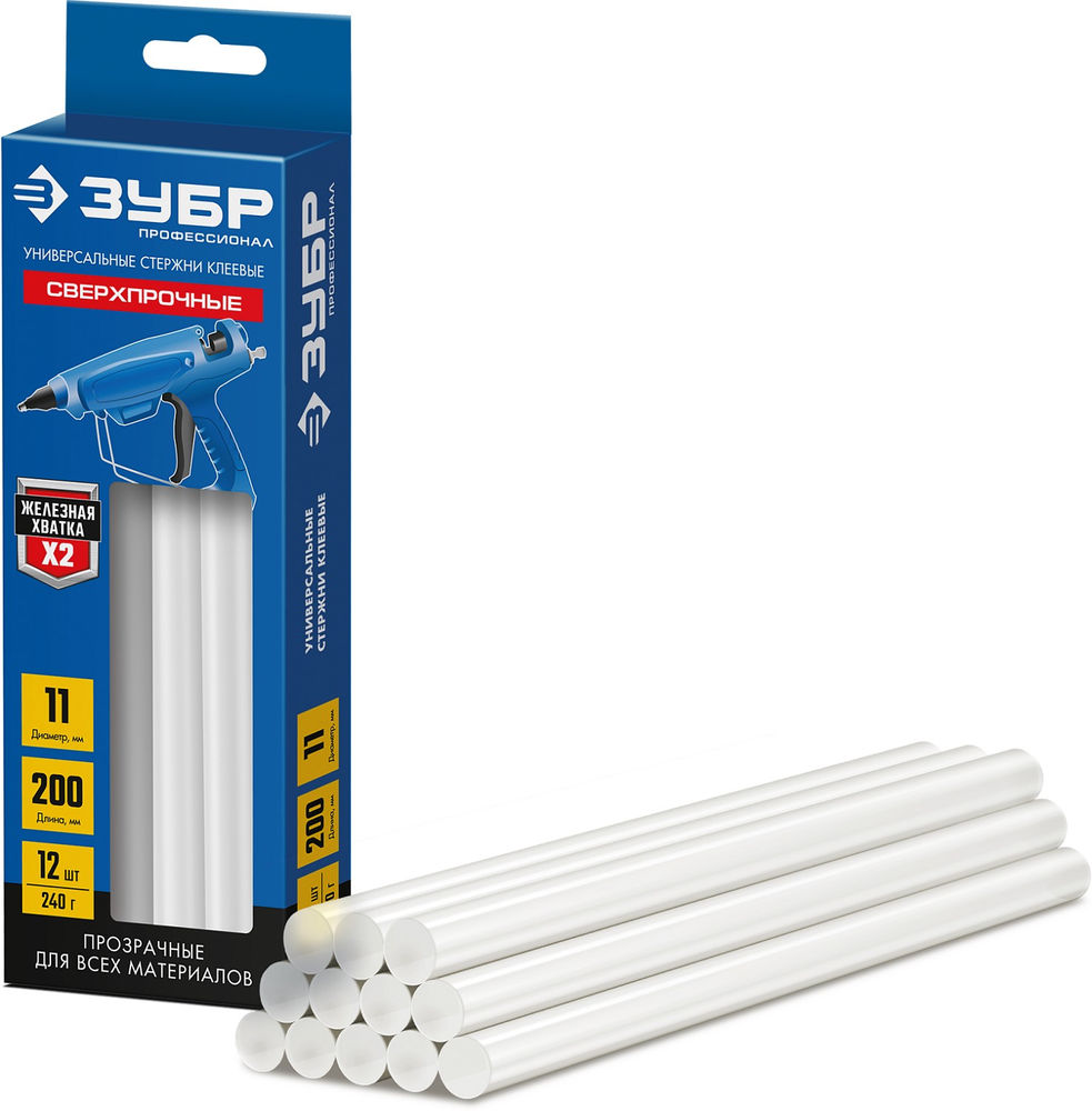Клеевые стержни 11?200 мм сверхпрочные прозрачные 12 шт ЗУБР Профессионал 06856-12
