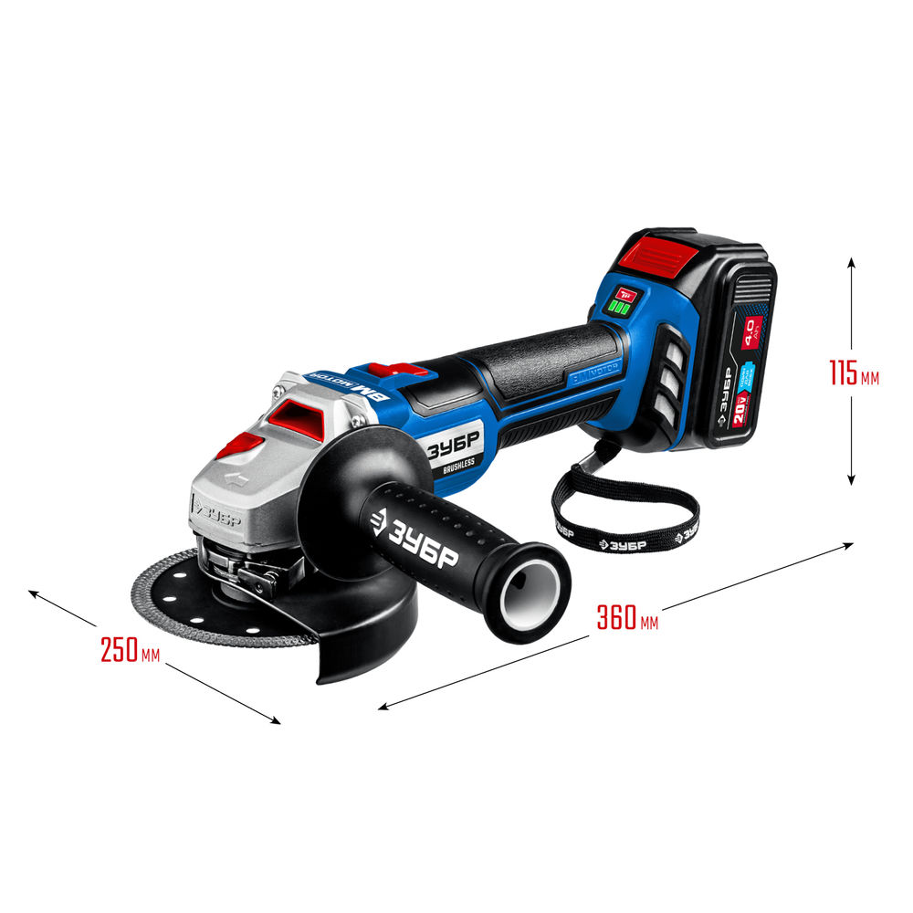 Бесщеточная УШМ 20 В 125 мм 2 АКБ 4 А·ч сумка Профессионал ЗУБР Т7 AB-125-42