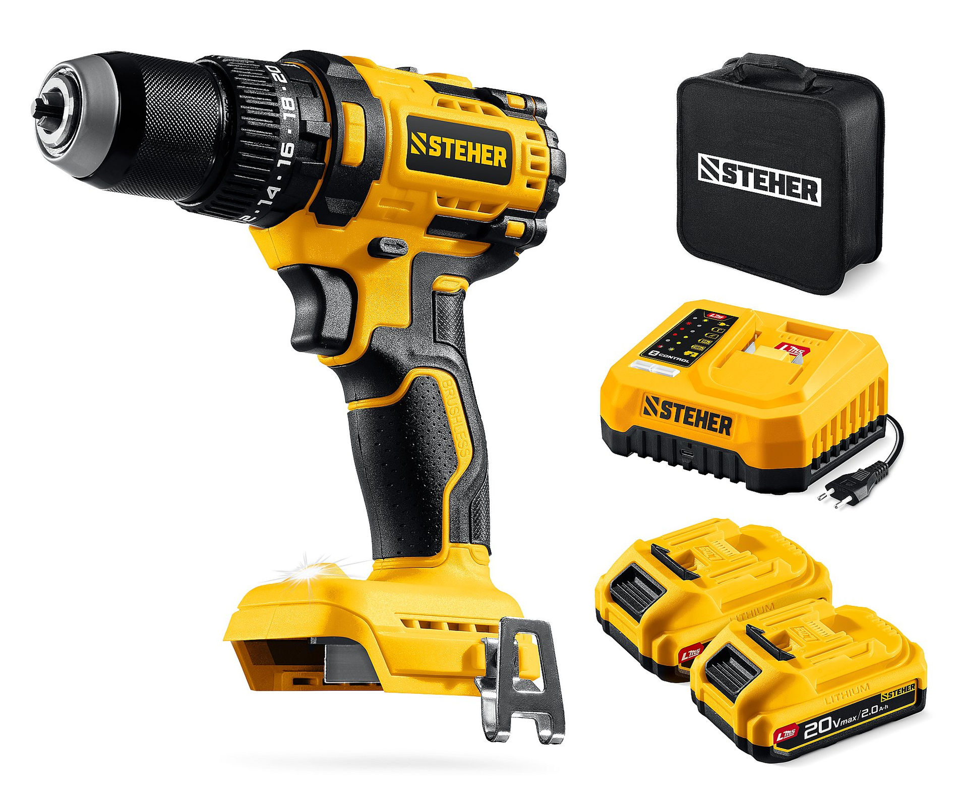 Дрель-шуруповерт ударная бесщеточная сумка STEHER 20 В 65 Н·м 2 АКБ LMS (2 А·ч) CBS-65-22  